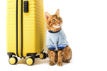 Bengal cat and yellow suitcase isolated on white background.の写真素材