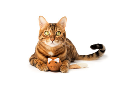 Bengal domestic cat plays with a plush mouse on a white background. pet entertainmentの写真素材