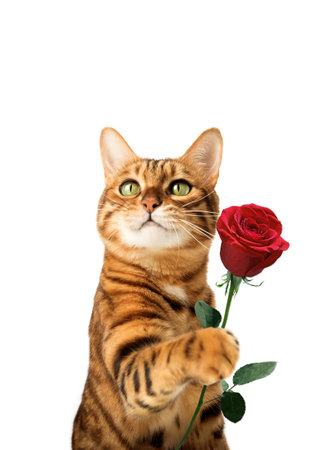 Ginger cat with rose flower in paw isolated on backgroundの写真素材