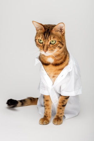 Portrait of a cute red cat in a white shirt isolated on a white background.の写真素材