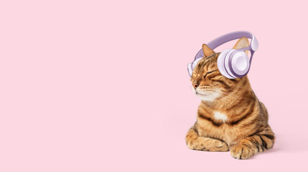 Cute ginger cat in headphones on a pink background, copy space banner or listen to music with closed eyesの写真素材