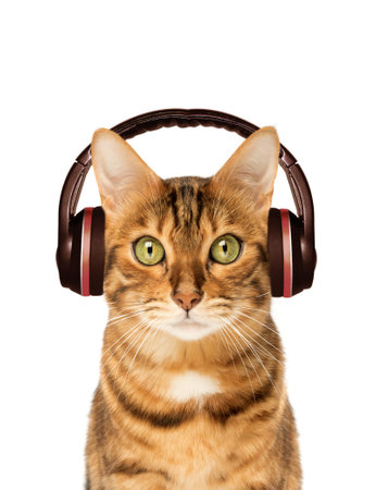 Red cat in headphones on the background, listening to music. Copy space.の写真素材