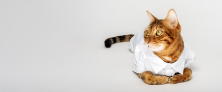 Portrait of a cute red cat in a white shirt isolated on a white background. Copy space.の写真素材