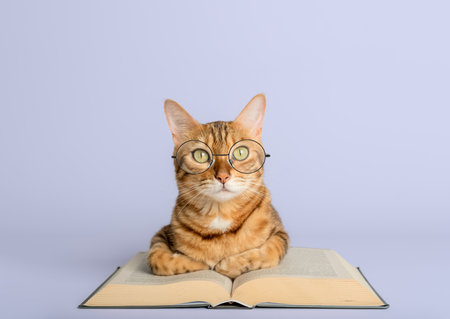 Smart Bengal cat and books on a white background. Preparation for school.の写真素材