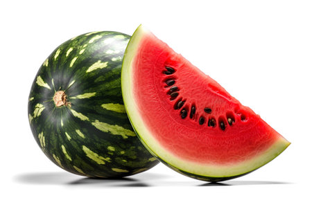 Whole and slices of watermelon isolated on white background. Generative AI.の素材