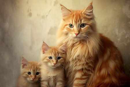 Family of red cats. Mom cat and two babies - a kitten. Generative AI.の素材