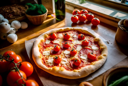Hot homemade Italian pepperoni pizza with salami, mozzarella and tomatoes on a dark brown wooden table. Generative AI.の素材
