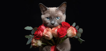 Burmese cat with a bouquet of roses in its paws on a black backgの素材