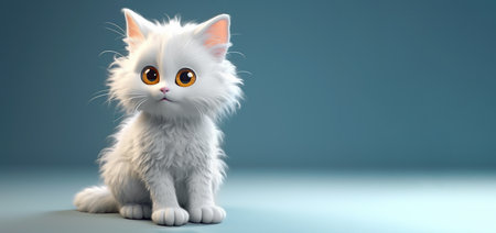 Cute happy funny cat. Character illustration Cartoon white fluffy kitten on a blue background. copyspace. Generative AIの素材