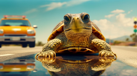 A sea turtle crosses the road on a sunny day. Generative AIの素材