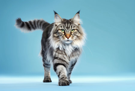 Beautiful young Maine Coon cat in motion, isolated on a blue background. Copy space. Generative AI.の素材