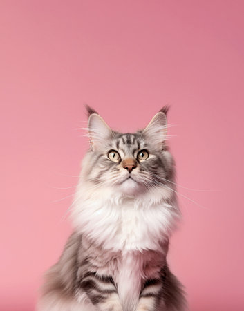 Beautiful young Maine Coon cat isolated on pink background. Copy space. Generative AI.の素材
