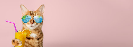 Charming Bengal cat with glasses and orange juice in its paws. Copy space.
