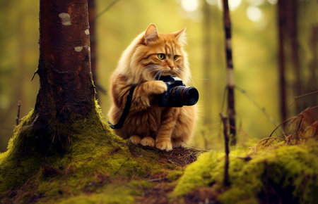 A cute cat photographer stands with a camera and takes pictures in the forest. Generative AI.の素材