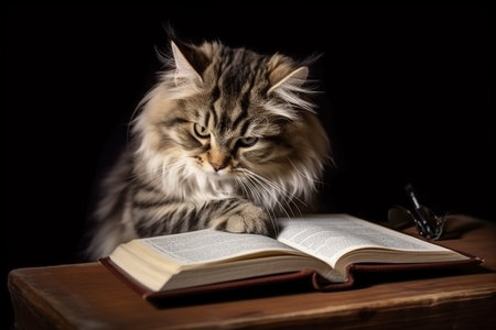 Fluffy cat reads a book on the table. Generative AI.の素材
