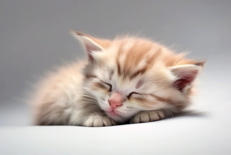 Tiny fluffy kitten sleeps sweetly. Generative AI.の素材