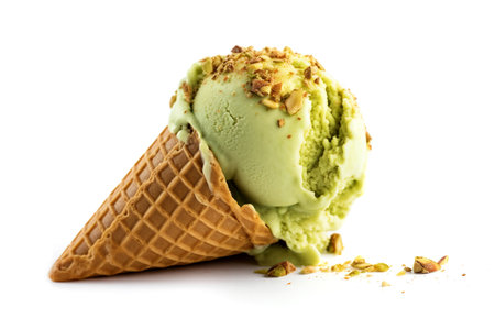 Cone of pistachio ice cream sprinkled with nuts on a white background.の写真素材
