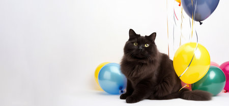 Cute cat, colorful balloons with happy birthday greetings. White, isolated background. Congratulations for colleagues, friends, relatives. Copy space. Generative AI.の素材