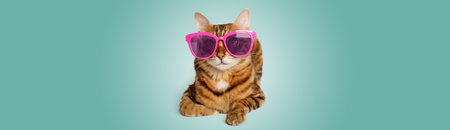 Portrait of a Bengal cat in colored sunglasses on a colored background. Copy space.の写真素材