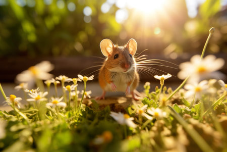 A wild wood mouse rests on the forest floor with lush green vegetation. Generative AI.の素材