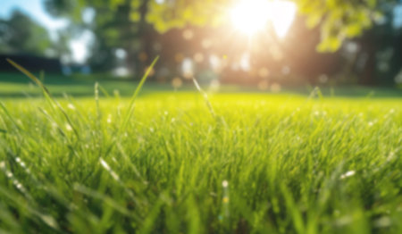 Summer background with blurred bokeh, green grass and sunbeams. Blurred natural background....