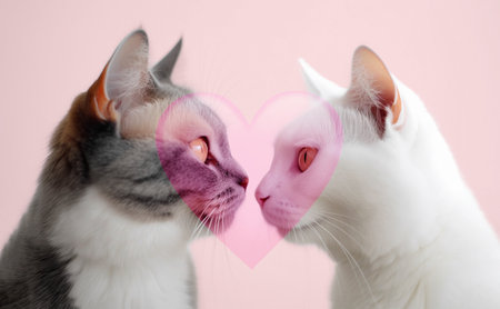 Two cats loving each other on a pink background. Generative AI.の素材