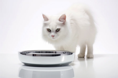 Cute cat and a bowl of water on a white background. Generative AI.の素材