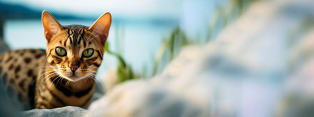 Cute Bengal cat on the background of the sea. Domestic cat for a walk. Copy space. Generative AI.の素材
