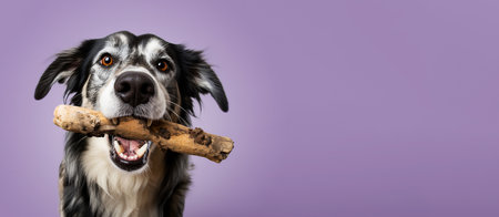 Satisfied dog holds a natural bone in his mouth on a purple background. Copy space. Generative AI.の素材