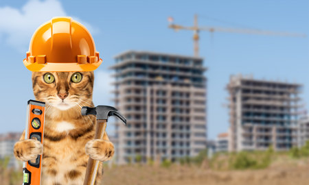 Funny cat in a construction helmet on the background of a construction site. Copy space.の写真素材