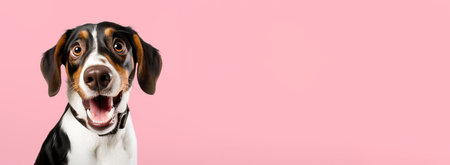 Funny dog muzzle on a colored background. Copy space. Generative AI.の素材