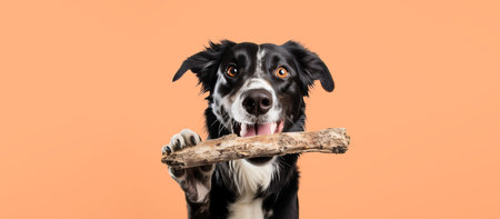 Satisfied dog holds a natural bone in his mouth on an orange background. Generative AI.の素材
