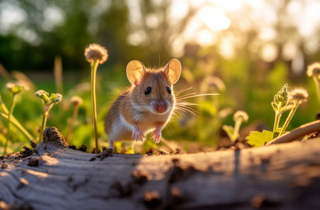 A wild wood mouse rests on the forest floor with lush green vegetation. Generative AI.の素材