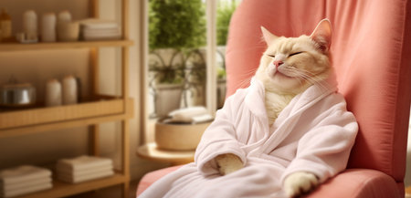 A cat in a bathrobe is resting from spa treatments. Generative AI.の素材