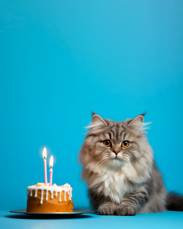 Cute cat with a colorful birthday cake with a candle on a blue background with space for text. Generative AIの素材