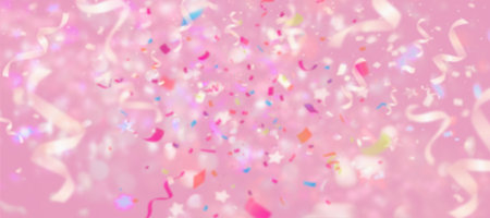 Colorful confetti festival on pink background with blurry elements. Blurred holiday background. Copy space.の写真素材