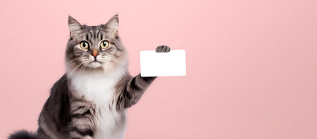 A gray cat holds a credit card in its paw. Generative AI.の素材