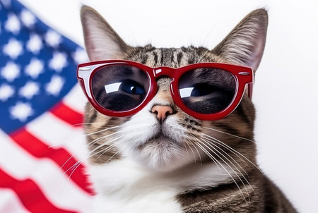 Funny cat in glasses on the background of the American flag. Independence Day in the USA. Generative AI.の素材