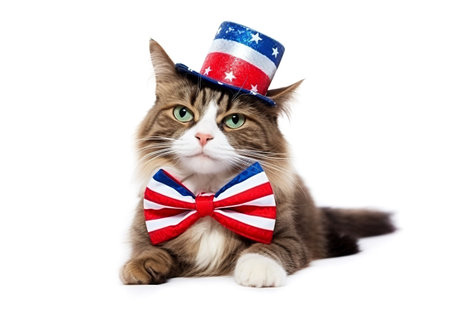 Cute cat on independence day on a white background. Generative AI.の素材