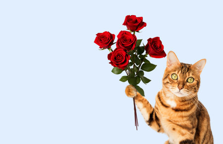 Red cat holds a bouquet of roses in his paw against a blue wall. Copy space.の写真素材