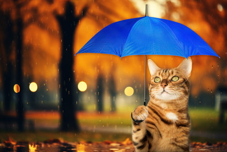 Cat with an umbrella on the background of an autumn park. The cat is hiding under an umbrella from the rain.の写真素材