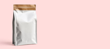 Isolated stand up pack also known as Doypack on a pink background. Mockup, mockup template ready for your design. Copy space. Generative AI.の素材