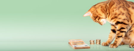 Red cat and a stack of paper money and coins. finance and budget. Copy space.の写真素材