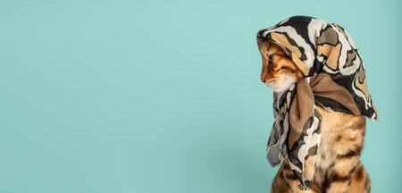 Funny cat in a summer scarf against a turquoise wall. Copy space.