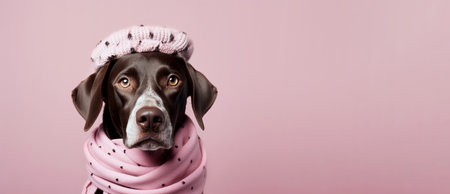 Dog in a warm hat and scarf against a pink wall. Copy space. Generative AI.の素材