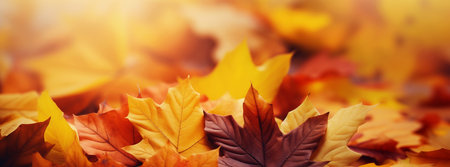 Beautiful autumn leaves on a fall day in the foreground and blurry background. Space for copy. Generative AI.の素材