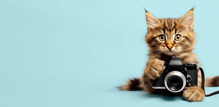 Funny cat with a photo camera on a colored background. Copy space. Generative AI.の素材