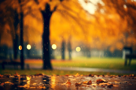Autumn rainy background. Copy space. Generative AI.の素材