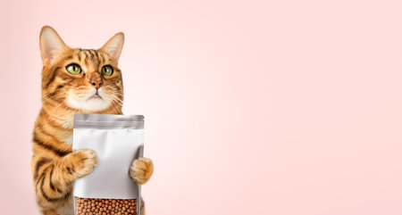 A ginger cat holds a pack of dry food in his paws. Copy space.の写真素材