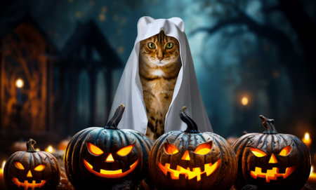 Cat dressed as a ghost at a Halloween party. Festive Halloween background.の写真素材